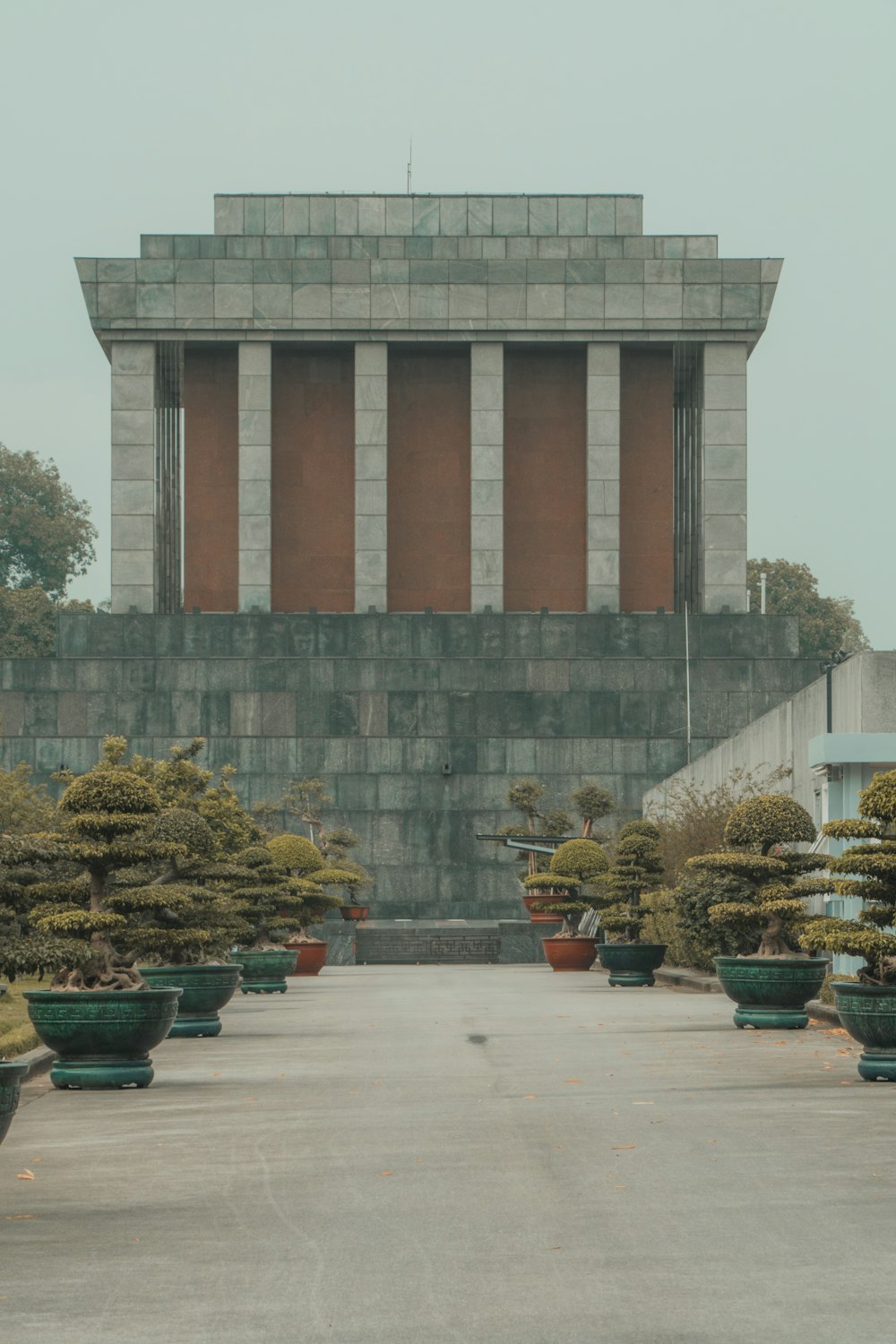 there are many potted plants in front of a building