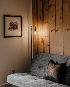 A cozy room features a grey sofa with a decorative cushion depicting a deer. Mounted on the wall is a wooden frame containing art, which portrays a rustic cabin surrounded by trees. A warm light emanates from a minimalist floor lamp beside a wooden panel wall, creating a welcoming and serene atmosphere.