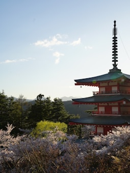 A serene landscape featuring a traditional multi-tiered pagoda partially surrounded by cherry blossom trees in full bloom. The background includes a forest and mountains under a clear sky with a few scattered clouds, suggesting a peaceful and tranquil setting.