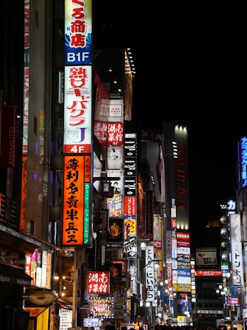 A bustling street in Tokyo with neon lights and vibrant shops.