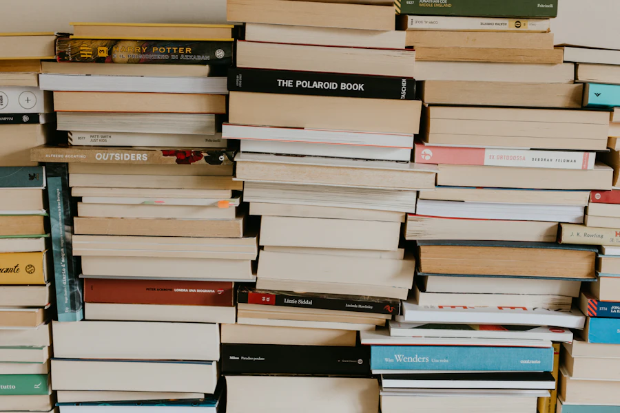 Pile of books on a wall