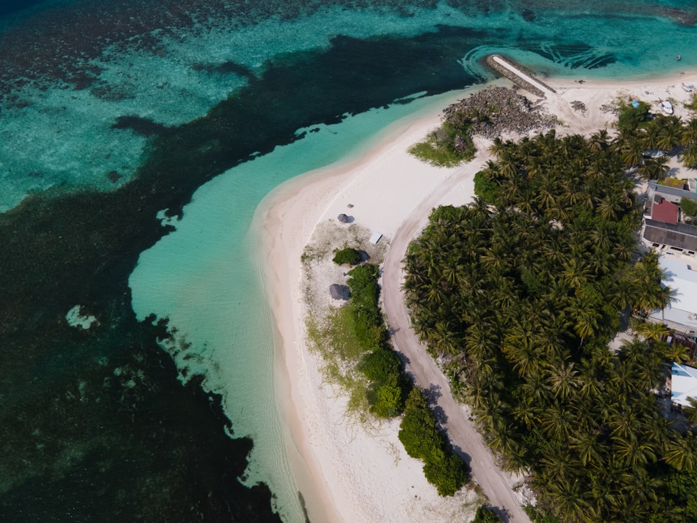 an aerial view of a tropical island with a white sand beach