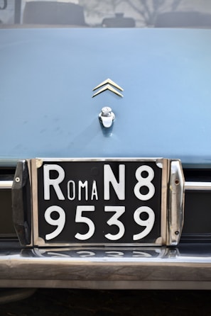A close-up view of a vintage car's license plate with 'ROMA N8 9539' in white numbers and letters on a black background. Above the license plate, there is a car emblem shaped like two chevrons.