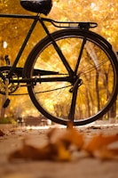 a bicycle parked next to a bench in a park