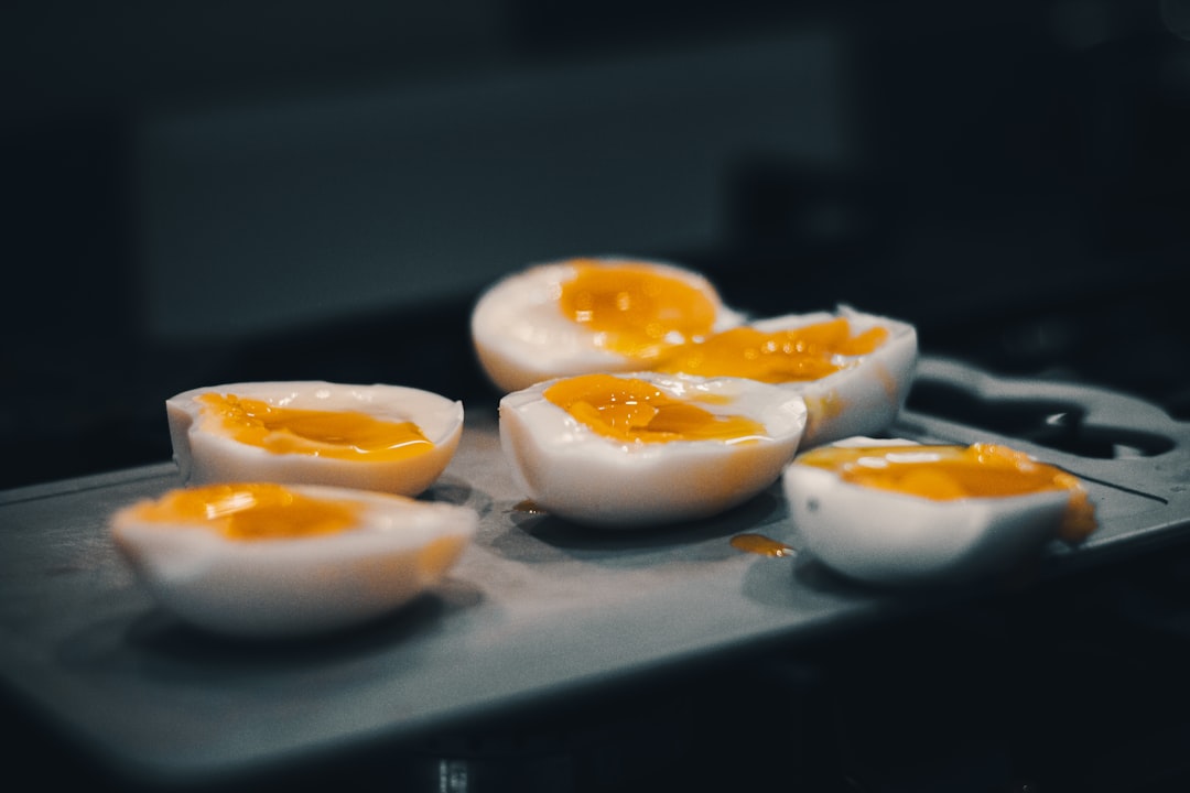 hard boiled eggs are sitting on a tray