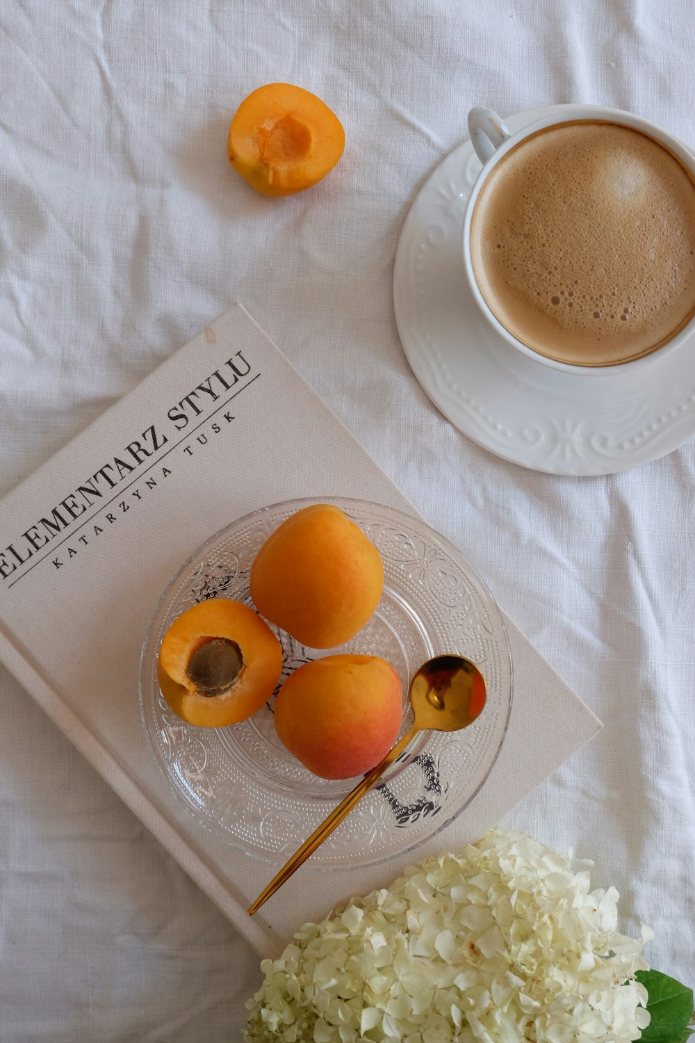 a cup of coffee and some fruit on a table