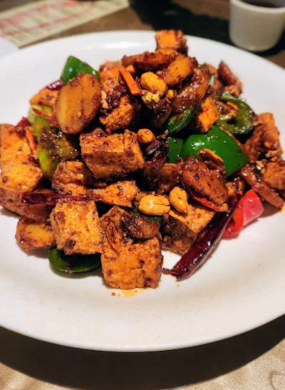 White plate of fried tofu with chilies, peppers and peanuts (a tofu-based dish, not the plain simmered yudofu style Nanzenji Junsei is known for)