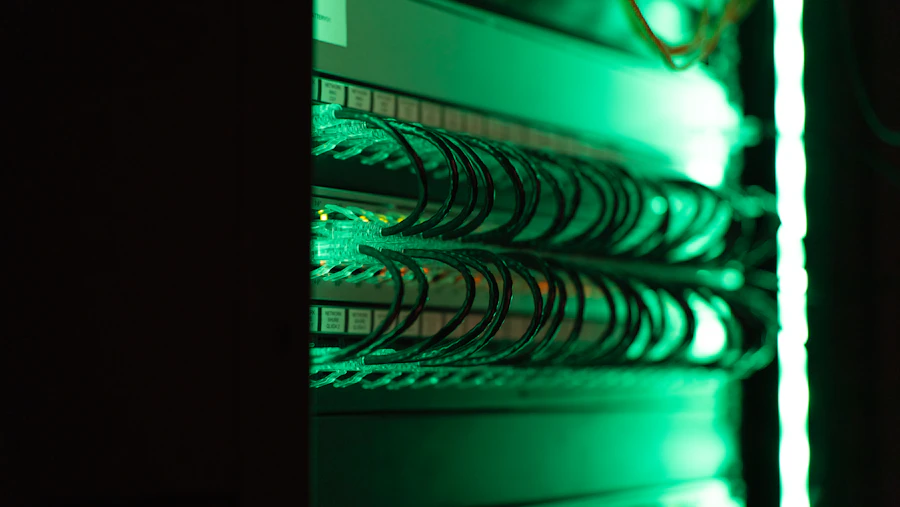 Close-up of server hardware in a server room