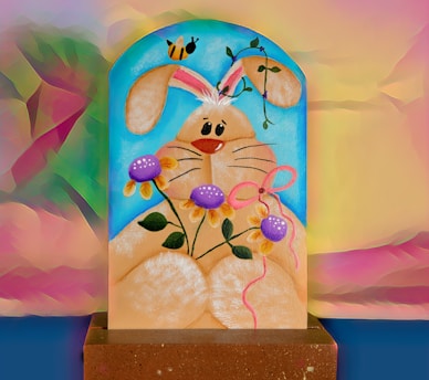 A whimsical illustration featuring a cheerful bunny with long, floppy ears adorned with floral elements. The bunny's face is joyful, with a big smile and wide eyes. It is holding vibrant, colorful flowers, blending shades of purple and yellow. A small bee is playfully hovering above. The background showcases an artistic blend of pastel colors, creating a dreamy effect.