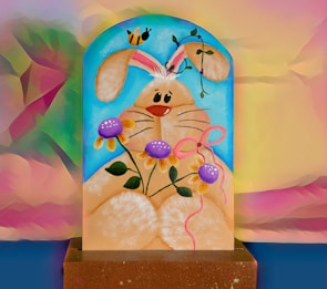 A warm rose pink puzzle piece card showcasing Mochi the bunny with floppy ears and a gentle gaze.