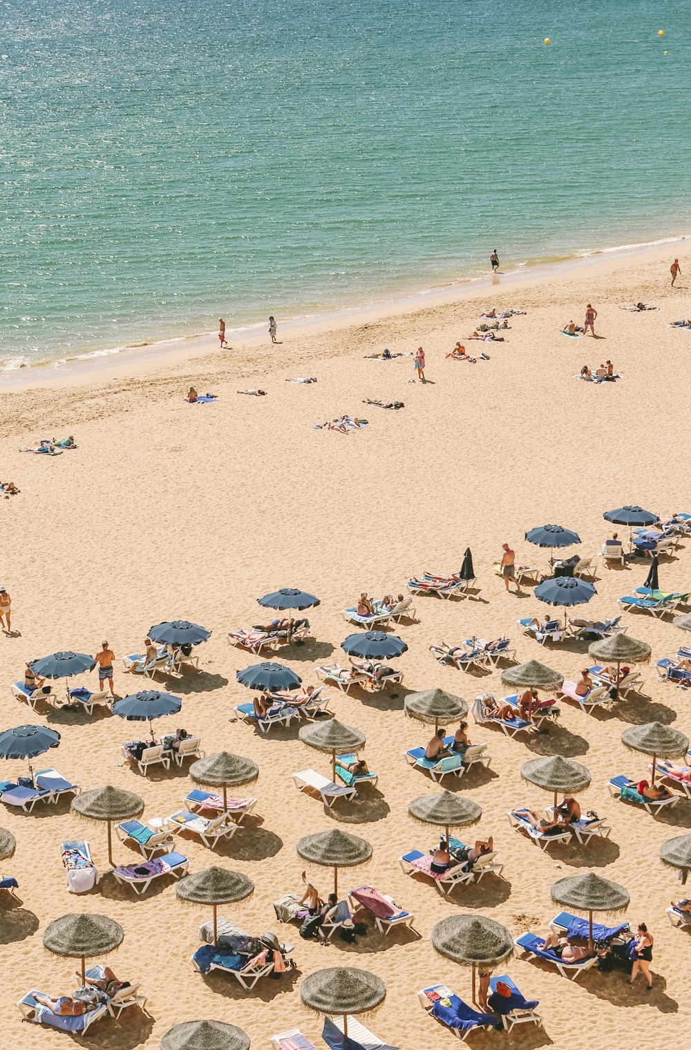 a beach filled with lots of umbrellas next to the ocean