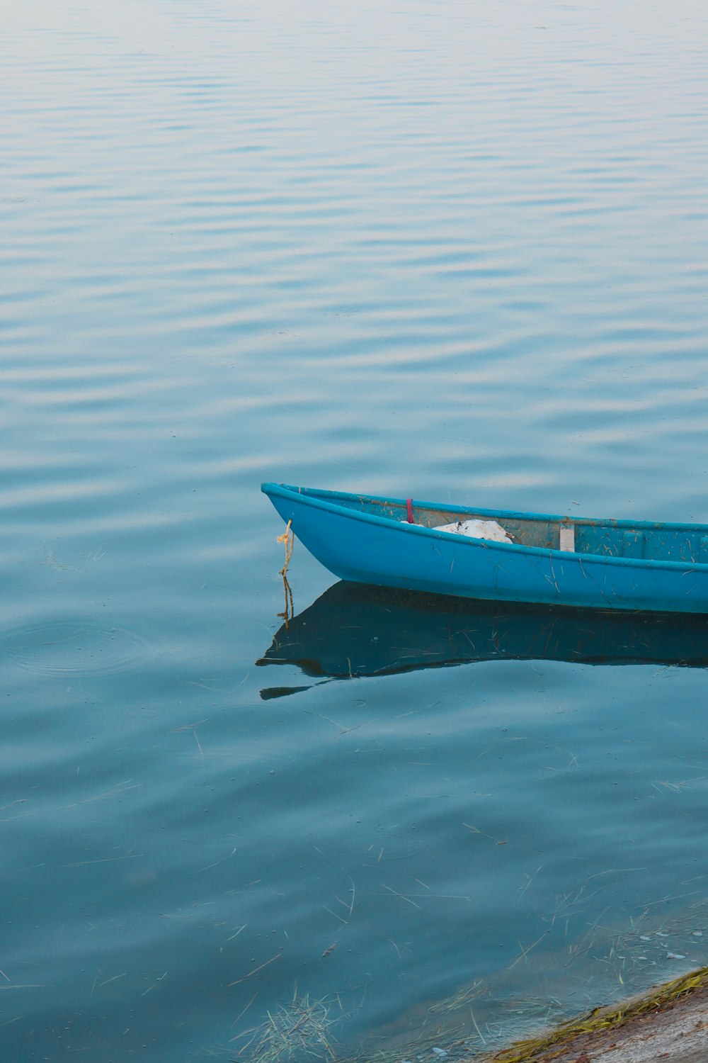 a small blue boat floating on top of a lake