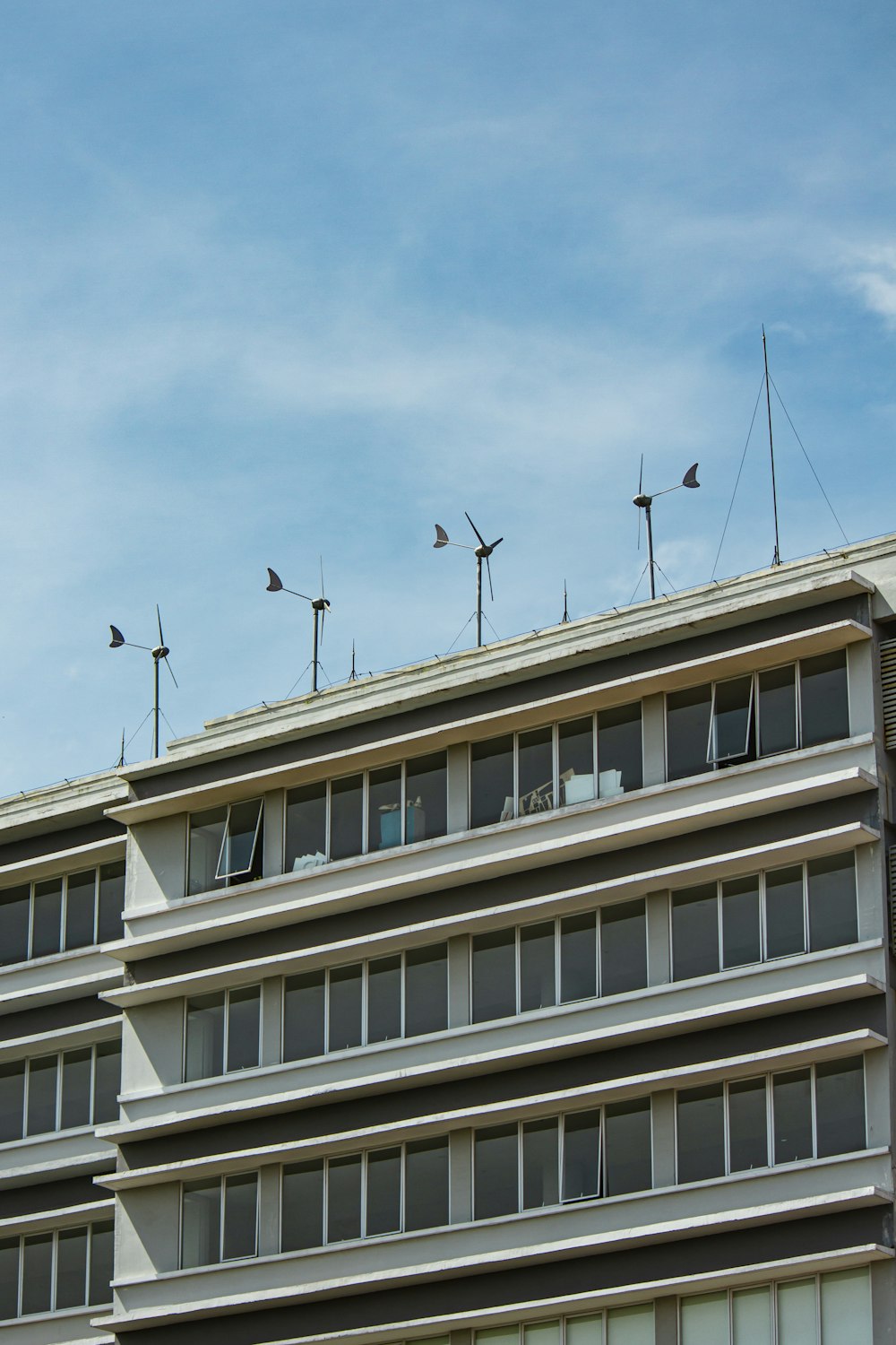 a tall building with a lot of windows and birds on top of it