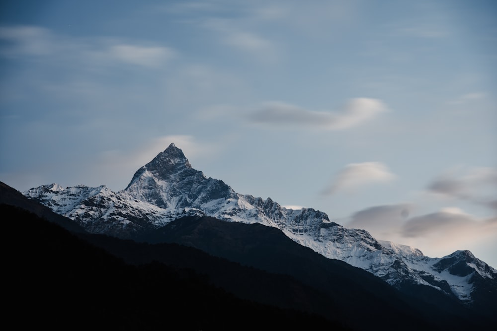 a snow covered mountain with clouds in the sky