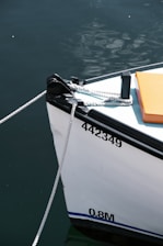 The image depicts the bow of a boat with its ropes tied securely. The boat's registration number is visible, and an orange object rests on the deck. The water surrounding the boat is a deep greenish-blue, reflecting the light.