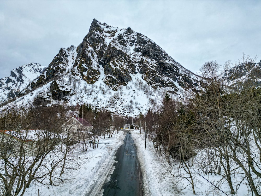 a snow covered mountain with a river running through it