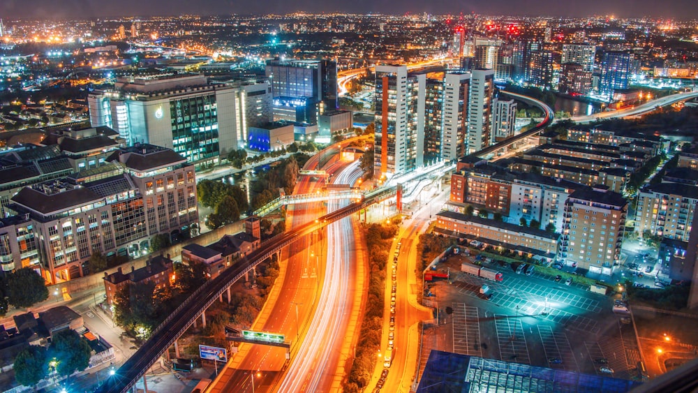 an aerial view of a city at night