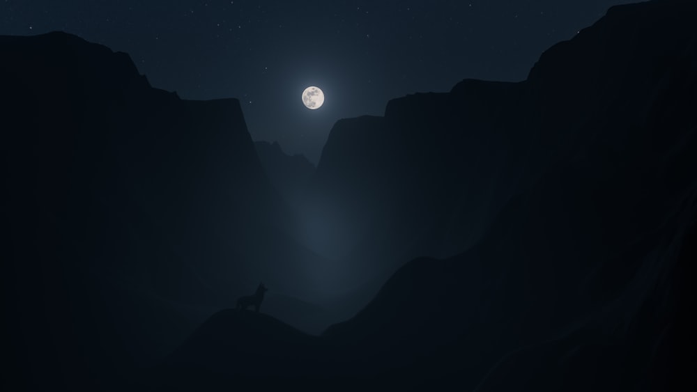 a man standing on top of a mountain under a full moon