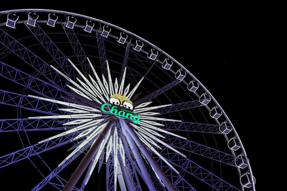A large Ferris wheel with a bright, illuminated structure set against a dark night sky. The spokes of the wheel radiate from the center, and each compartment is evenly lit. The word 'Chang' is prominently displayed in neon green at the center of the wheel, with a stylized logo above it.