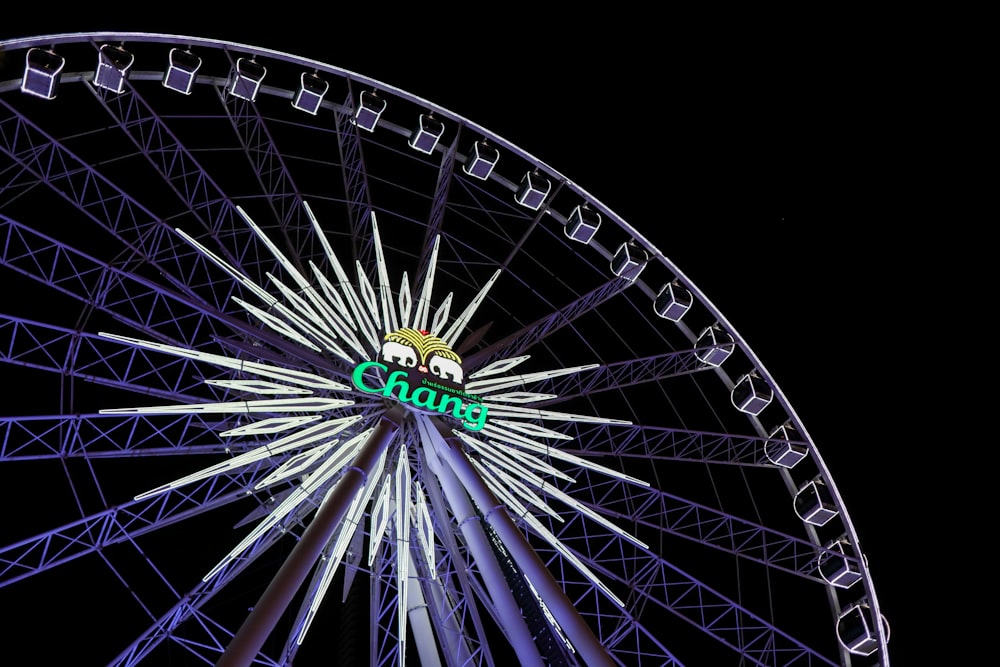 a ferris wheel lit up at night in the dark