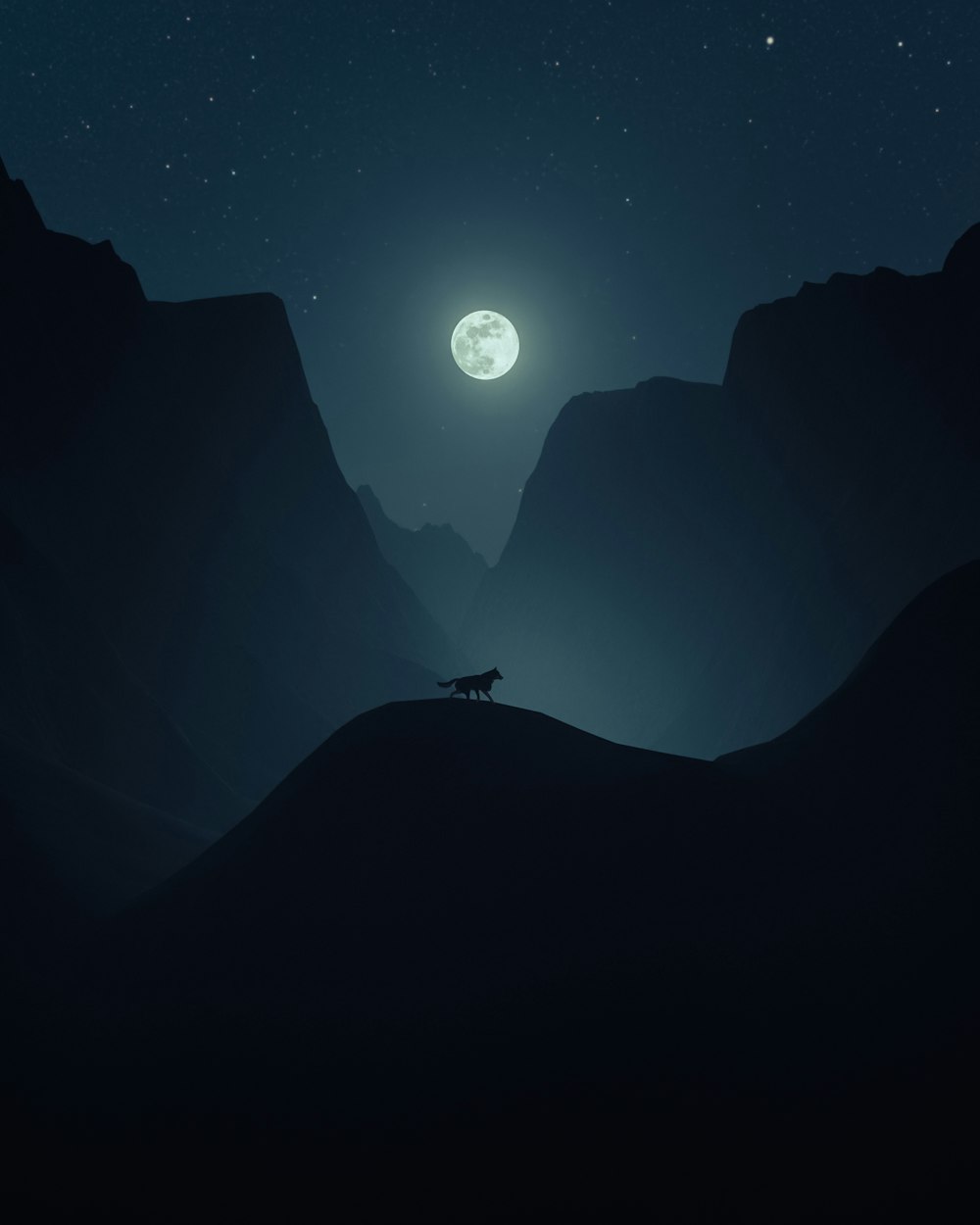 a dog standing on top of a mountain under a full moon