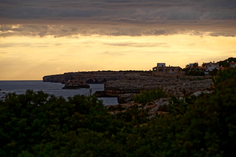 a view of a body of water at sunset