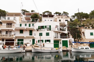 a group of boats sitting next to each other on a body of water