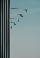 A row of bright white sign posts lined up along a sidewalk, ready for rental.