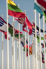 a bunch of flags that are flying in the air