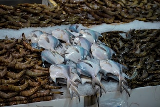 A variety of seafood is displayed on a bed of ice, including several fish and a large quantity of shrimp. The fish are silver with a shiny appearance, and the shrimp have a mix of brown and green hues. The seafood appears fresh and neatly arranged in a market setting.
