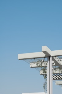 A modern architectural structure featuring a pergola with a minimalist design. The structure includes white beams and metal support, with green plants climbing up and around the frame. The background is an expansive, clear blue sky, creating a contrast with the white and green elements of the structure.