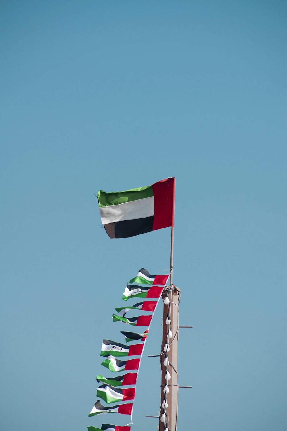 a group of flags flying in the wind