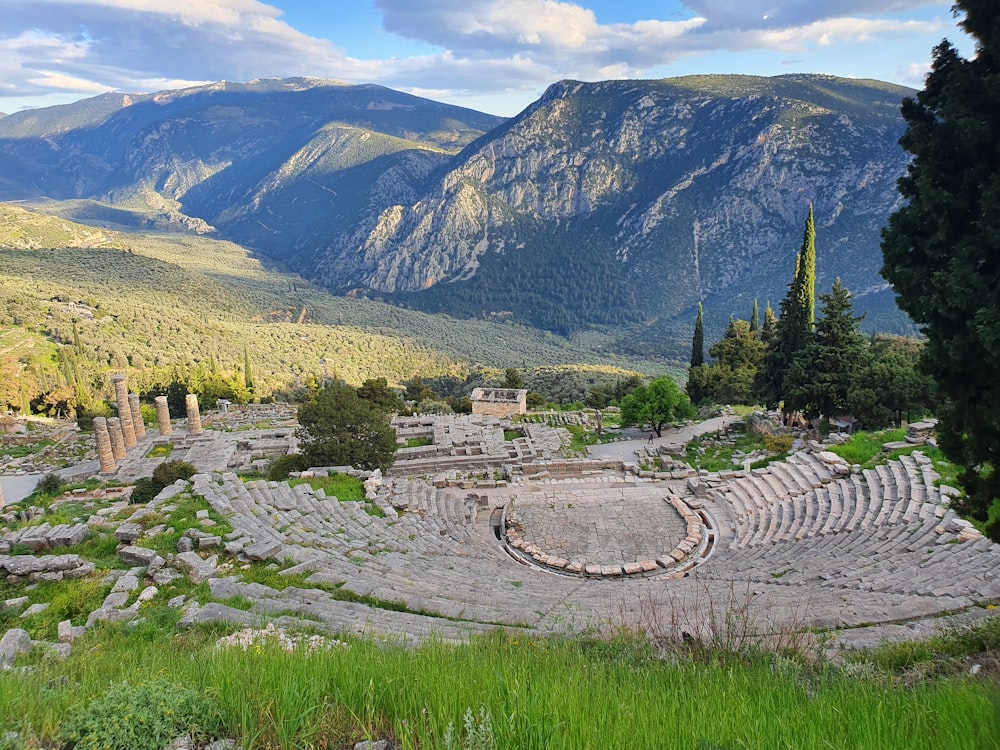 a view of an ancient theatre in the mountains