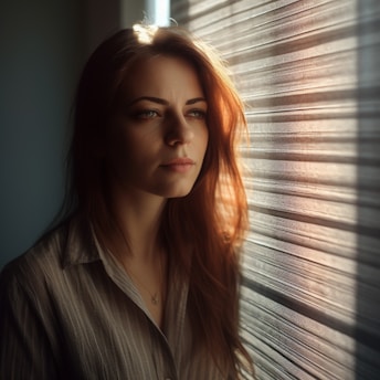 A person with long hair gazes thoughtfully out of a window, with soft light filtering through horizontal blinds. The expression is introspective and calm, with shadows playing across the face, highlighting gentle features.