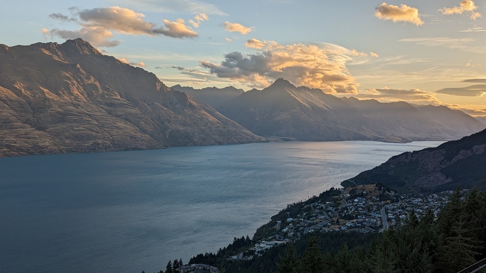 a scenic view of a lake surrounded by mountains