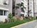 A row of contemporary apartment buildings with tall palm trees and neatly landscaped gardens. The walls are painted in neutral colors and air conditioning units are visible on the exterior. A pedestrian pathway runs alongside small lawns with a variety of green plants and shrubs.