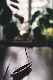 Soft morning light illuminating a rustic wooden table with meditation cushions and aromatic incense sticks.