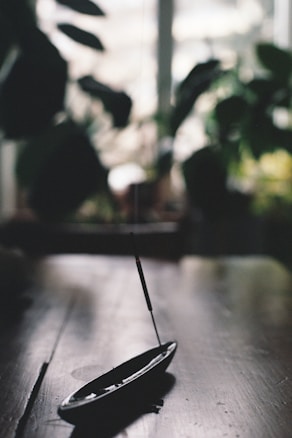 An incense stick is burning in a simple holder placed on a wooden table. Soft sunlight filters through blurred greenery in the background, creating a calm and serene atmosphere.