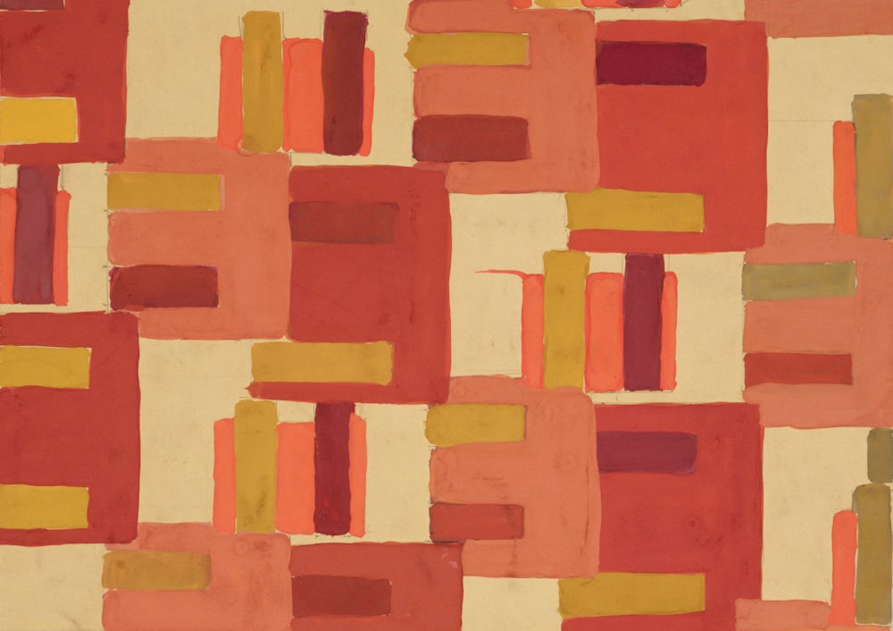 an abstract painting of red, yellow, and orange squares