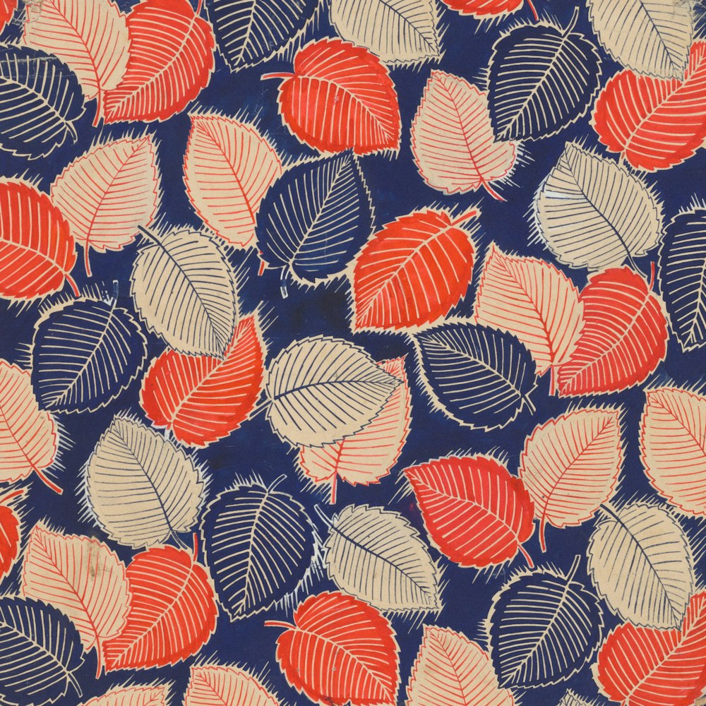 a blue background with red and white leaves