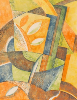 An abstract composition with a mix of geometric shapes and vibrant colors. The design features overlapping curves, triangles, and trapezoids. The texture includes dotted patterns, primarily in warm tones like orange and yellow, alongside cooler greens and blues. Leaf-like shapes are subtly integrated into the design, adding an organic element.