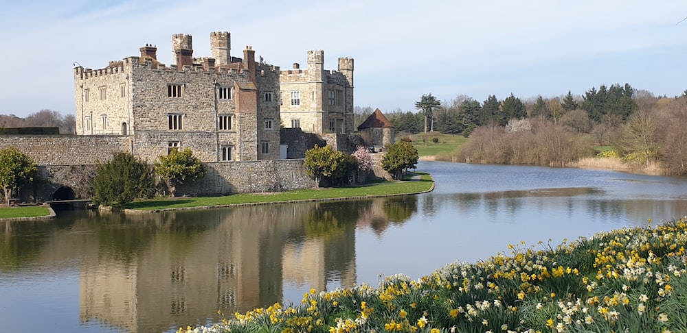 a castle sitting on top of a river next to a lush green field