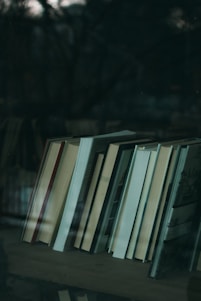A collection of books neatly arranged on a shelf, reflected slightly in a glass surface. The background appears dark and out of focus, suggesting the image might be taken through a window or in a dimly lit room.