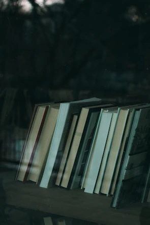 Close-up of law books neatly arranged on a dark wooden shelf.