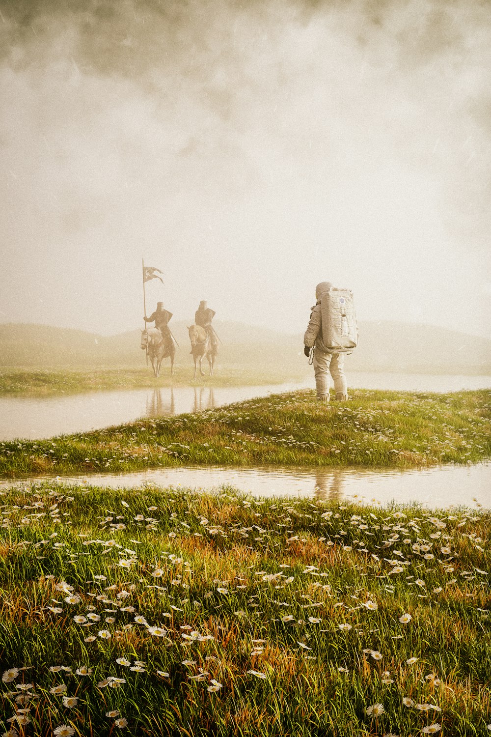 a group of people riding horses on a foggy day