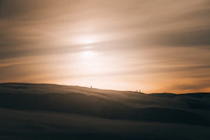Wide shot of a desert exploration team using gold detectors at dawn with golden light