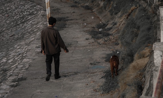 a man walking down a sidewalk next to a dog