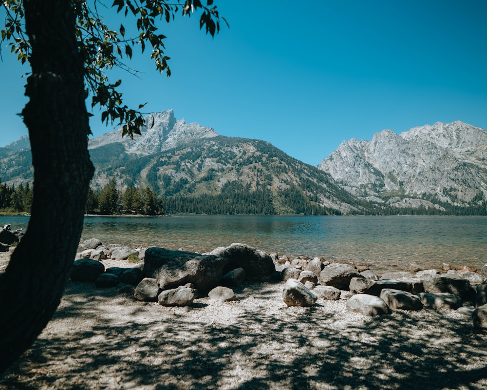 a view of a mountain lake with rocks in the foreground