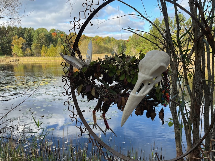 An intricately designed metal wreath hangs by a lake, with a large bird skull and a variety of leaves woven through it. In the background, a serene lake with lily pads reflects the partly cloudy sky. A forest of trees, showcasing autumn colors, surrounds the lake.