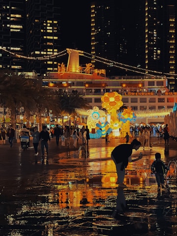A vibrant cityscape with people happily engaging in a community lottery event.